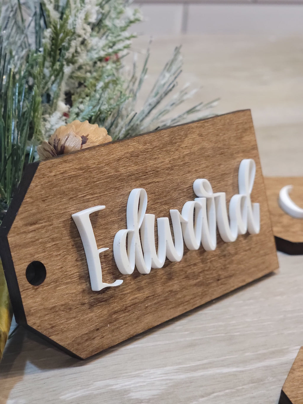 Personalized Wood Stocking Tag with White Acrylic Name
