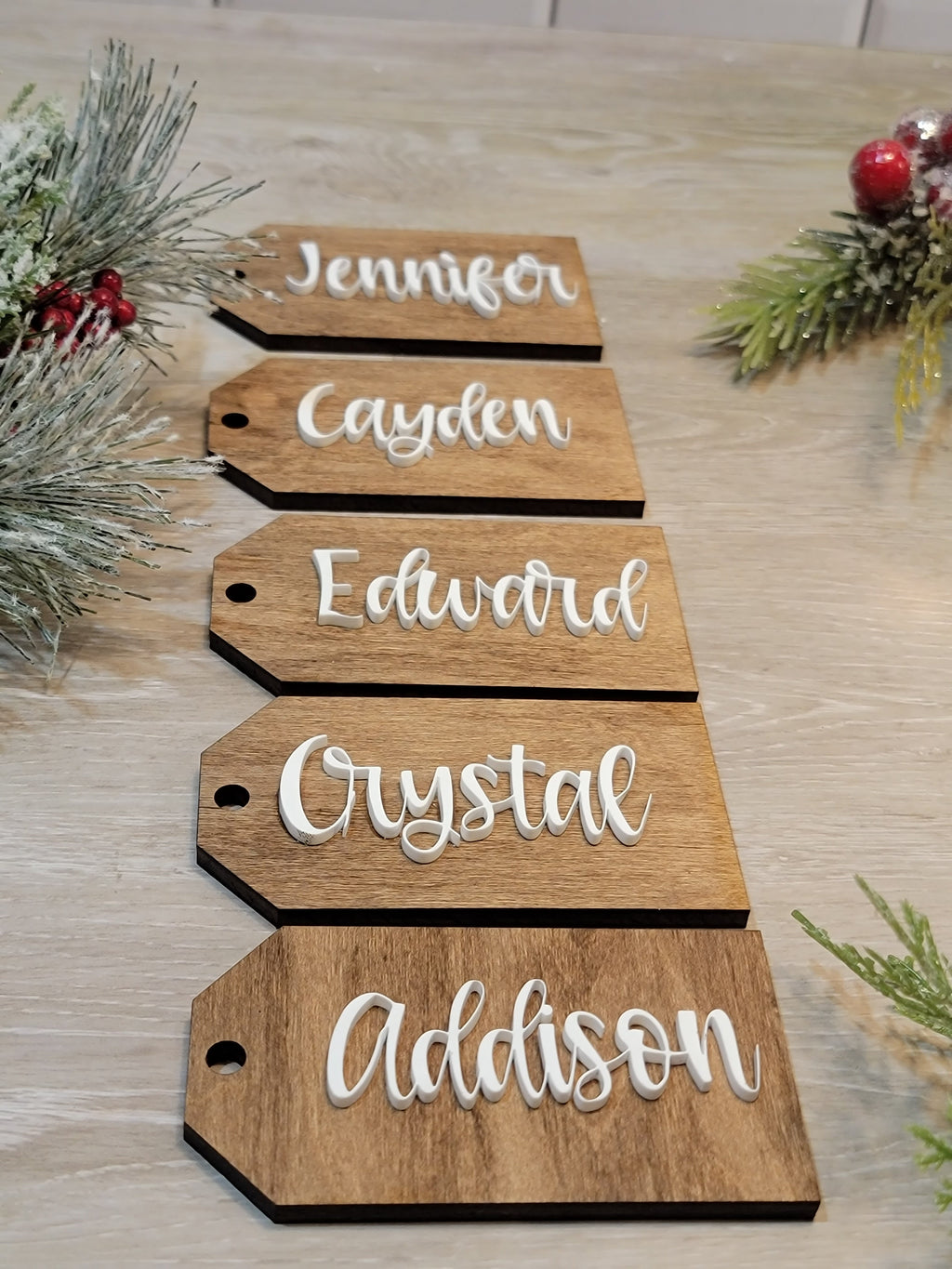 Personalized Wood Stocking Tag with White Acrylic Name