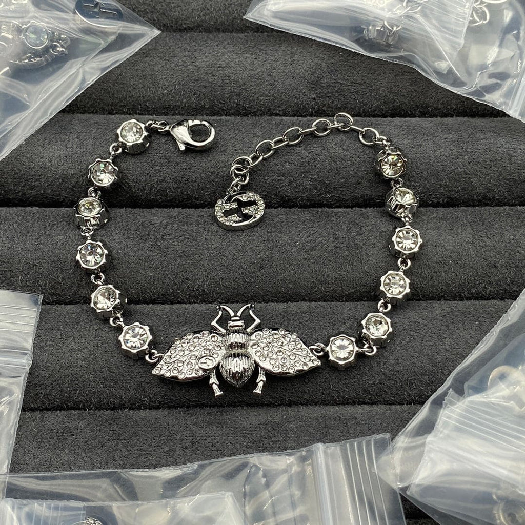 Gucci Double G Interlocking G Bee Crystal Bracelet