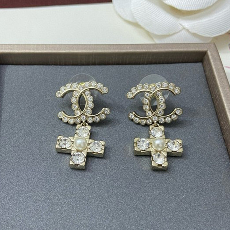 Chanel Cross Pearl & Diamond Earrings - 18K Yellow Gold