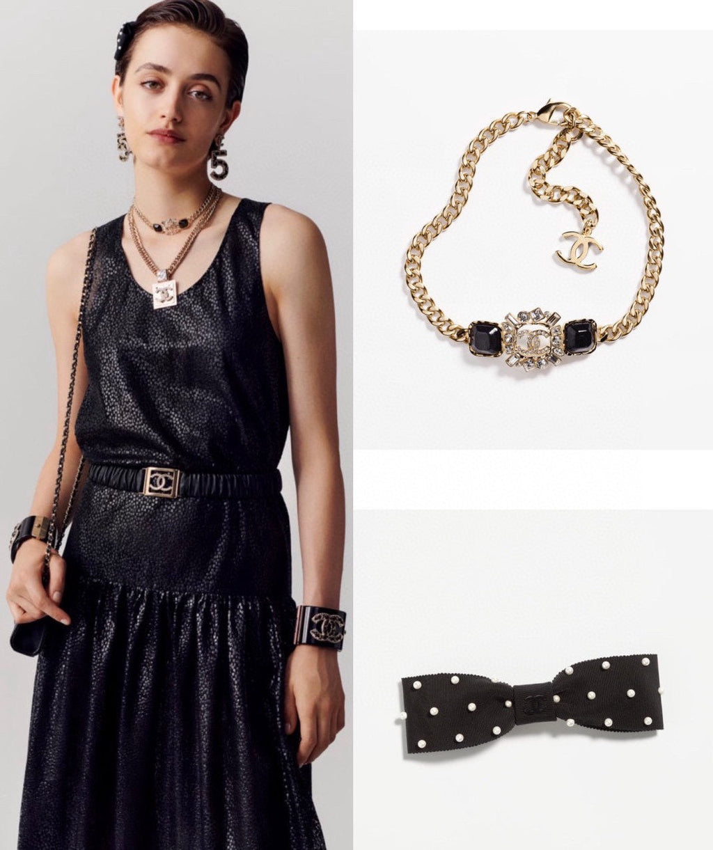 Chanel Black Crystals Chain Necklace