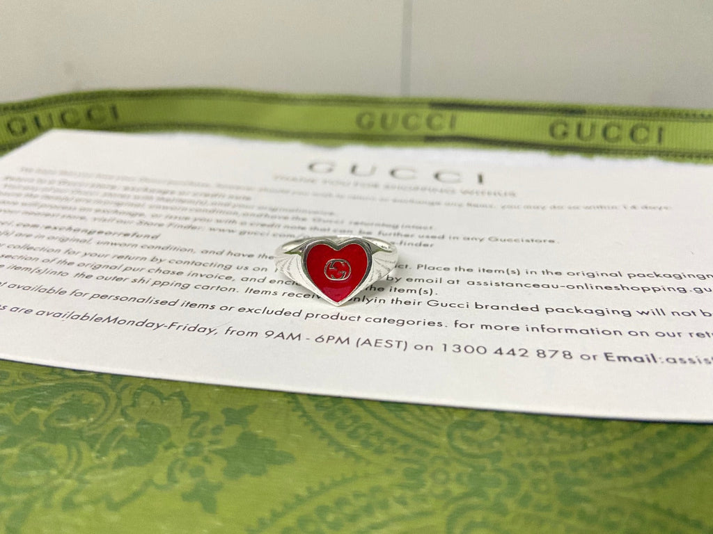 Gucci Double G Interlocking G Red Enamel Heart Ring