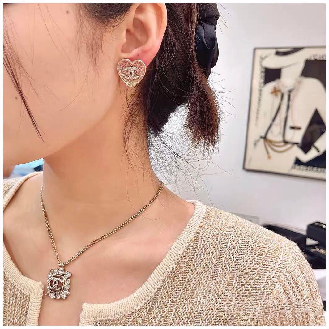 Chanel Diamond Pink Heart Earrings - 18K Yellow Gold