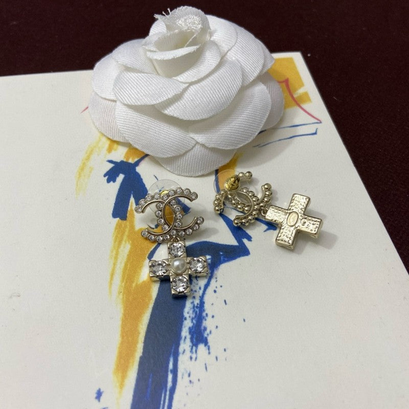 Chanel Cross Pearl & Diamond Earrings - 18K Yellow Gold
