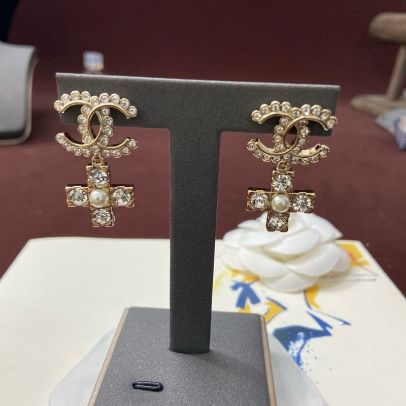 Chanel Cross Pearl & Diamond Earrings - 18K Yellow Gold