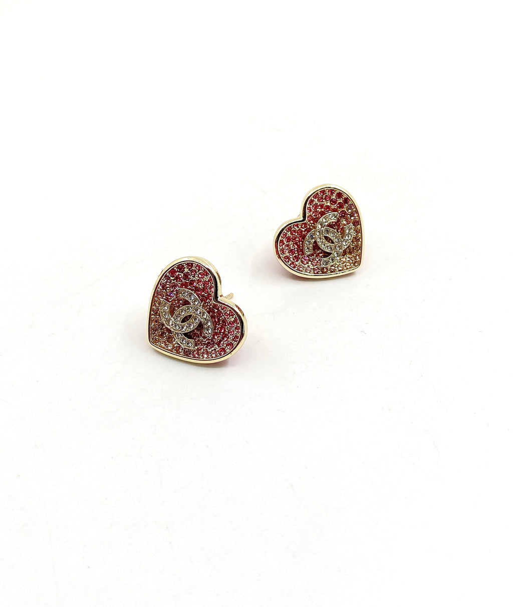 Chanel Diamond Pink Heart Earrings - 18K Yellow Gold