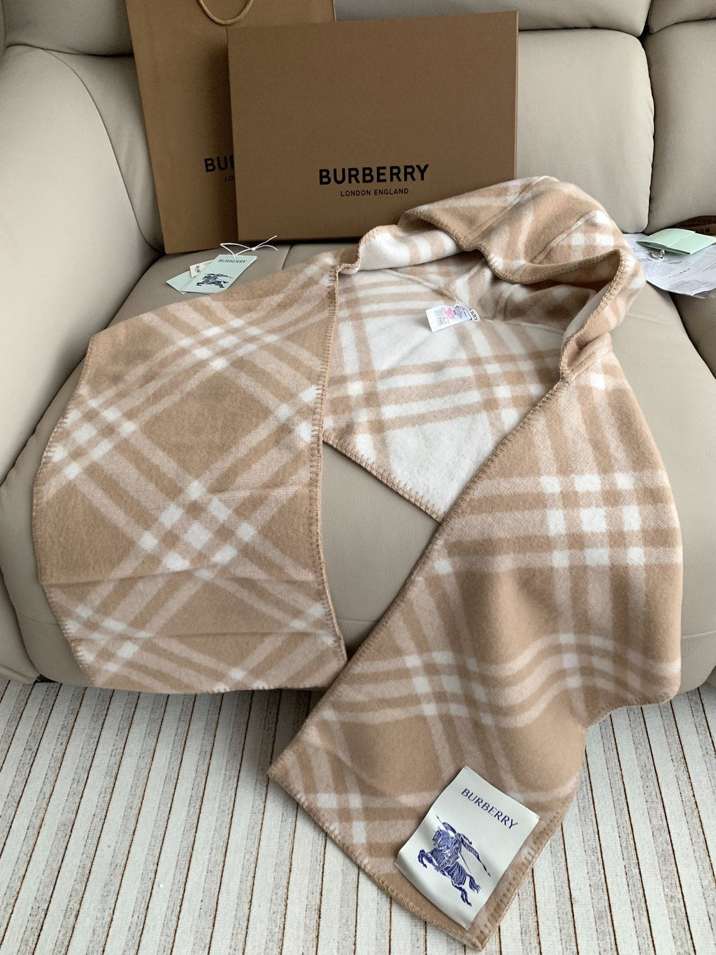 Burberry Beige Plaid Fringe Scarf — side