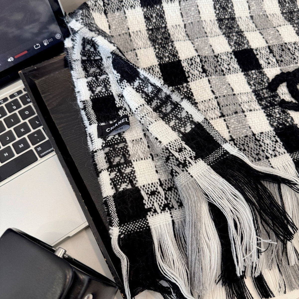 Chanel Black and White Plaid Fringed Scarf — detail