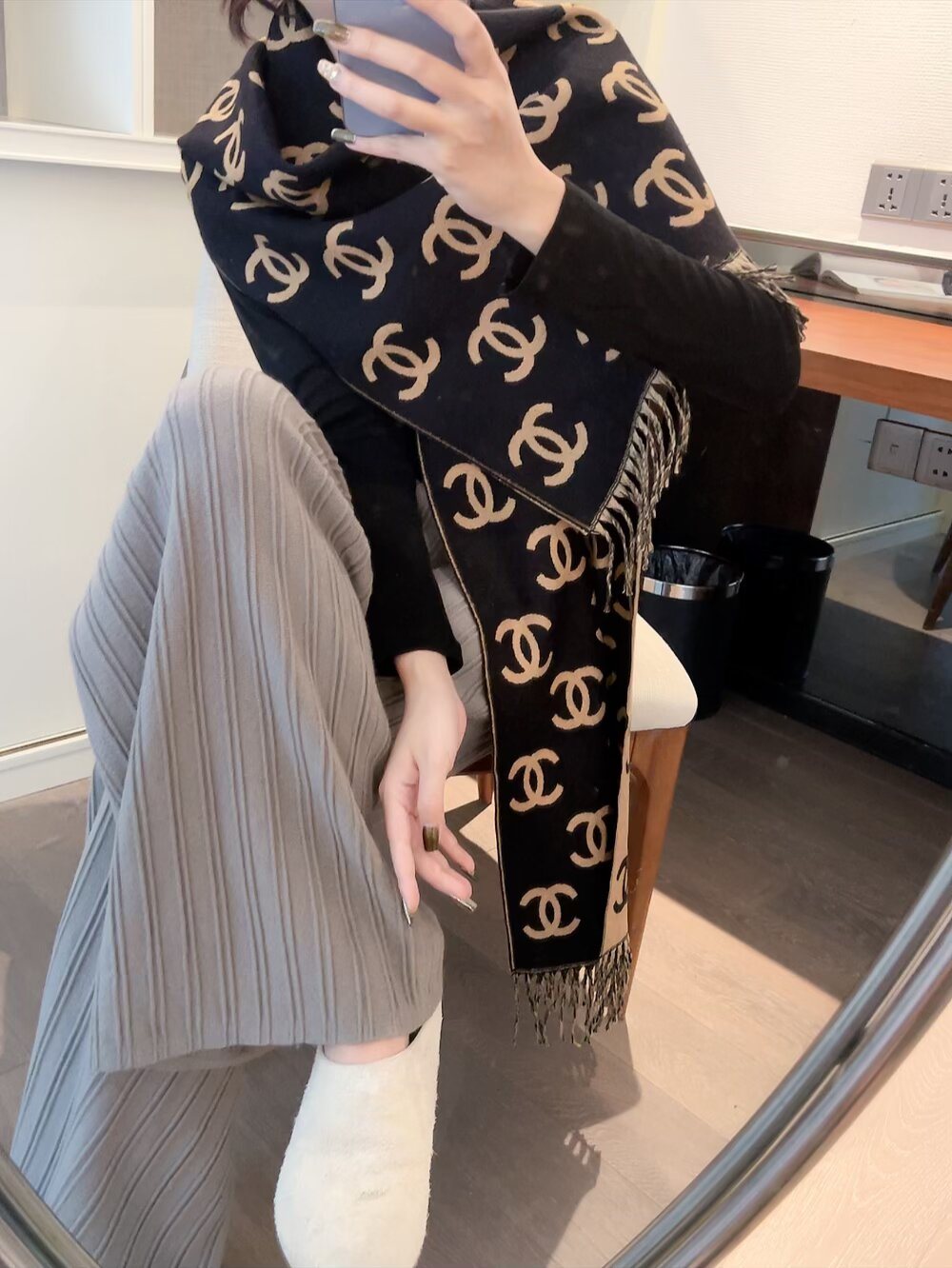 Chanel Two-Tone Fringed Scarf — model