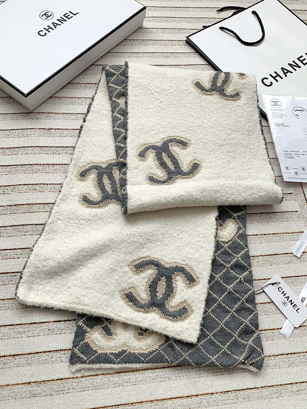 Chanel Gray & Ivory Diamond-Pattern Scarf — front