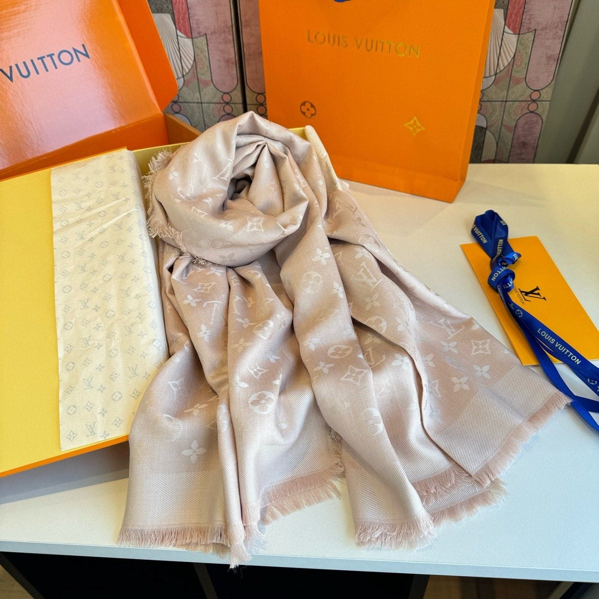 Louis Vuitton Blush Pink Fringed Scarf — front