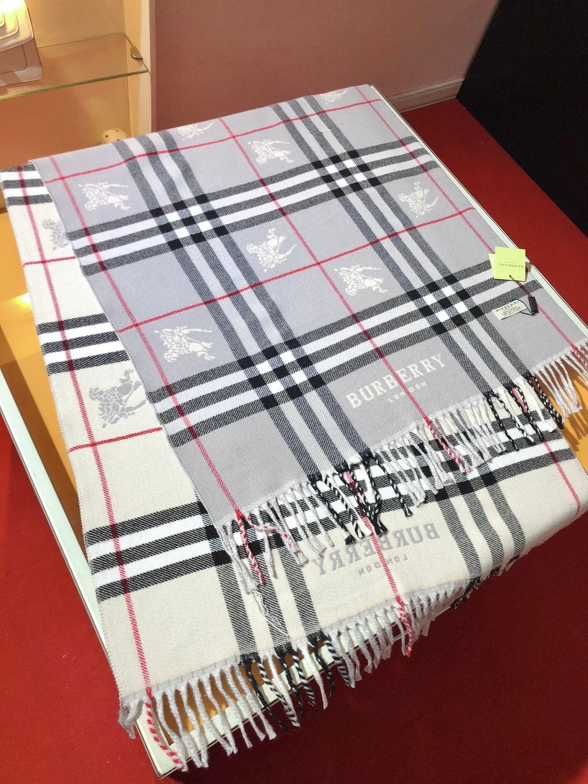 Burberry Embroidered Plaid Fringe Scarf — front