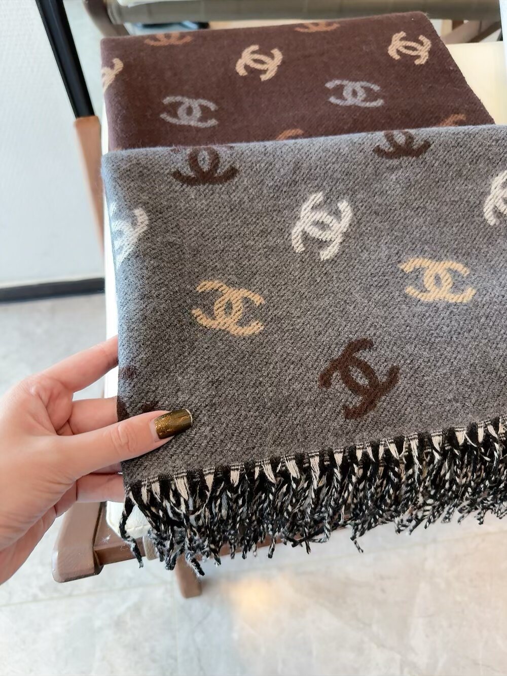 Chanel Reversible Interlocking-C Fringe Scarf — detail